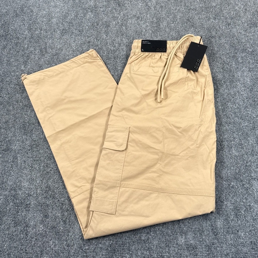 CSG Cargo Pants Mens Large Tan Beige Drawstring Relaxed Fit Tactical Utility NWT